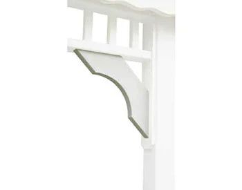 A close-up of a white vinyl bracket with a decorative curved design. It has a flat top surface and is attached to a vertical post.