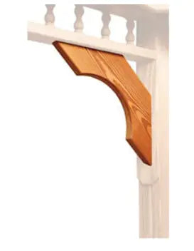 A wooden corner brace with a curved bottom edge and a flat top edge, designed to support the corner of a gazebo or porch roof.