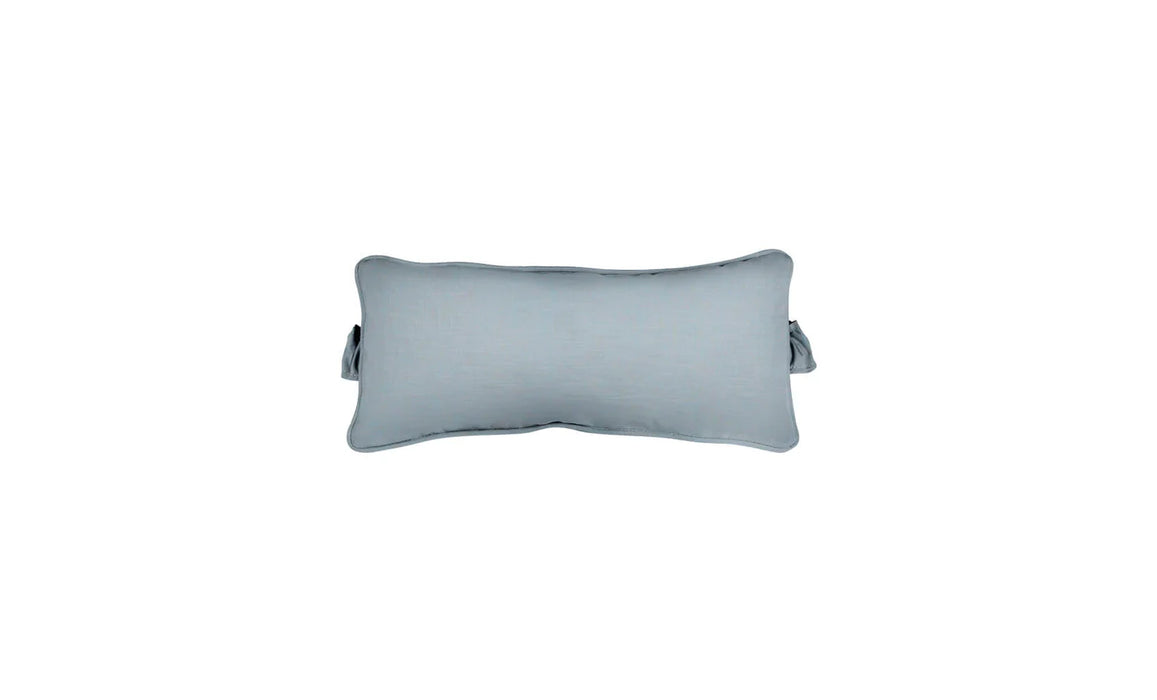 Rectangular outdoor headrest pillow in a soft, light gray shade. The pillow has subtle piping along the edges and gathered fabric detailing on the sides. It is isolated on a white background.