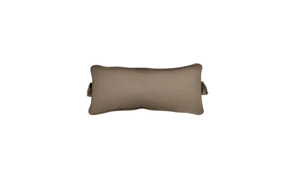 Rectangular outdoor headrest pillow in a solid, warm taupe shade. The pillow has subtle piping along the edges and gathered fabric detailing on the sides. It is isolated on a white background.