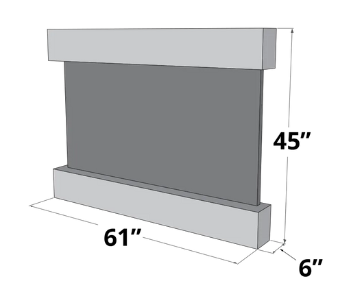 
A 3D technical drawing of a horizontal rectangular wall-mounted water fountain, set against a transparent checkered background. The fountain consists of a flat, grey central panel, framed by a thick, light grey horizontal block at the top and a matching, slightly larger block at the bottom that also forms a base. 