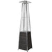 A silver metal propane patio heater with a woven base. It features a pyramid-shaped frame with a protective mesh screen