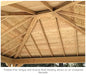 The underside of a wooden gazebo roof with exposed rafters and tongue and groove decking.