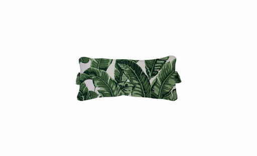 Rectangular outdoor chaise headrest pillow featuring a vibrant green and white tropical banana leaf print.