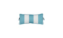 blue and white striped marine grade headrest pillows with attachment straps on a white background