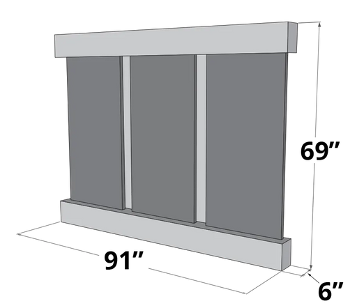 
A 3D rendering of a rectangular wall-mounted water fountain with a checkered transparent background. The fountain consists of three vertical grey panels, possibly representing stone or glass, separated by thin, lighter grey vertical strips. 