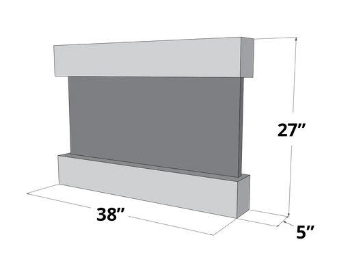 A 3D technical drawing of a rectangular, horizontally oriented wall-mounted water feature or display unit. It features a flat, gray central panel enclosed by thicker, light gray top and bottom sections. Dimensions are indicated with "27"" on the right vertical side, "68"" along the front base, and "6"" on the side, set against a transparent checkered background.