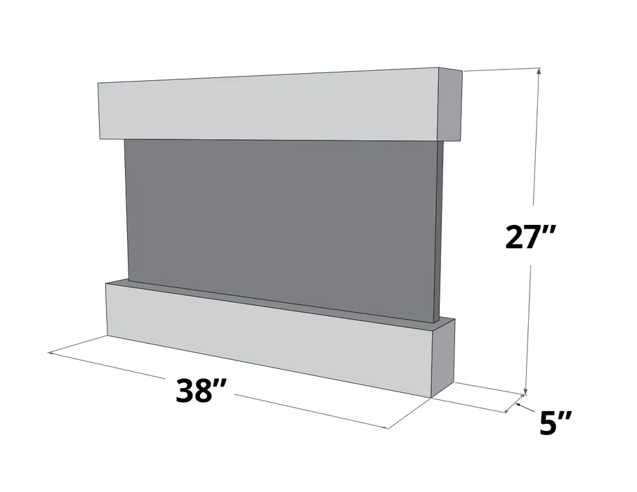 A 3D technical drawing of a rectangular, horizontally oriented wall-mounted water feature or display unit. It features a flat, gray central panel enclosed by thicker, light gray top and bottom sections. Dimensions are indicated with "27"" on the right vertical side, "68"" along the front base, and "6"" on the side, set against a transparent checkered background.