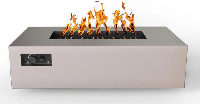 A rectangular fire table with a beige powder-coated steel frame. Flames are visible burning inside the fire pit, and a control knob is located on the side.