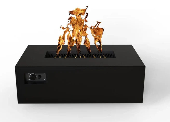 A black rectangular gas fire pit table with flames burning inside. A control panel is located on the bottom left side.