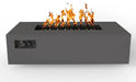 A rectangular fire table with a gray powder-coated steel frame. Flames are visible burning inside the fire pit, and a control knob is located on the side.