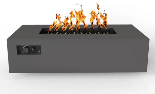 A rectangular fire table with a gray powder-coated steel frame. Flames are visible burning inside the fire pit, and a control knob is located on the side.