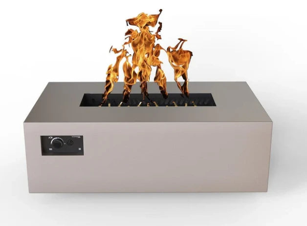 A beige rectangular gas fire pit table with flames burning inside. A control panel is located on the bottom left side.