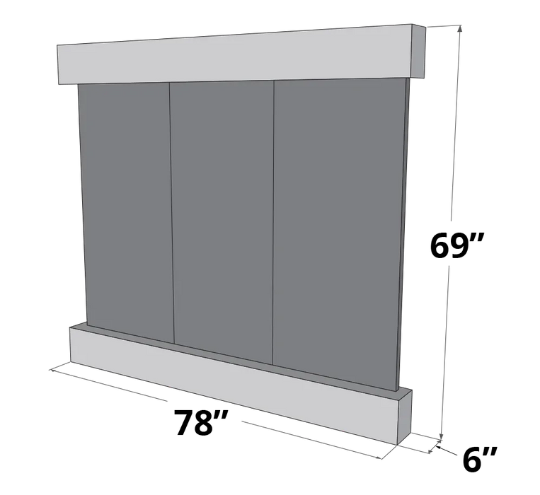 3D model of a wall-mounted water feature, showing three grey panels, a top header, and a bottom basin, with dimensions 69 inches high and 78 inches wide indicated.