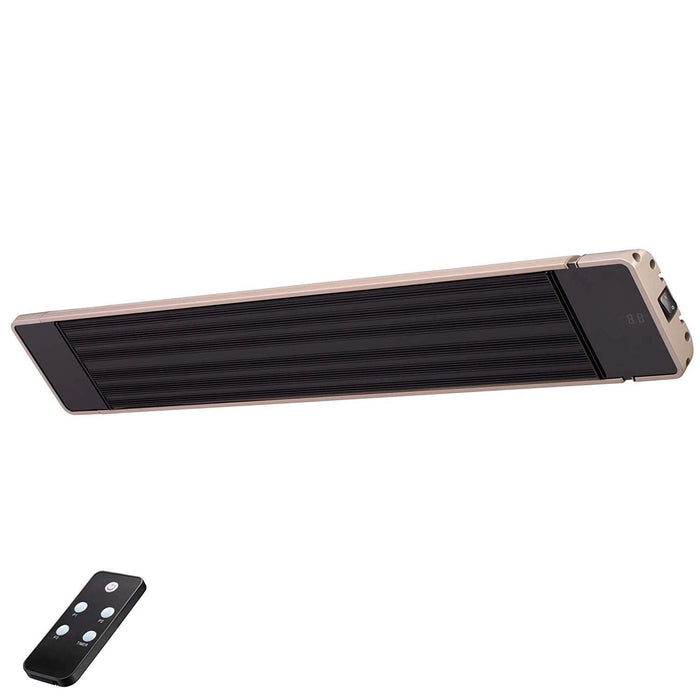 A sleek, black infrared heater with a remote control for easy temperature adjustment.