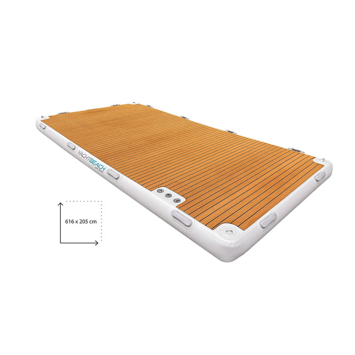 Inflatable yacht platform with wooden surface and white frame on a white background