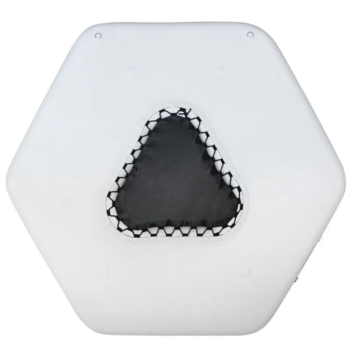 Hexagonal white light fixture with a black honeycomb pattern on a white background