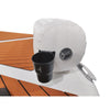 Inflatable boat seat with cup holder and black cup on a white background