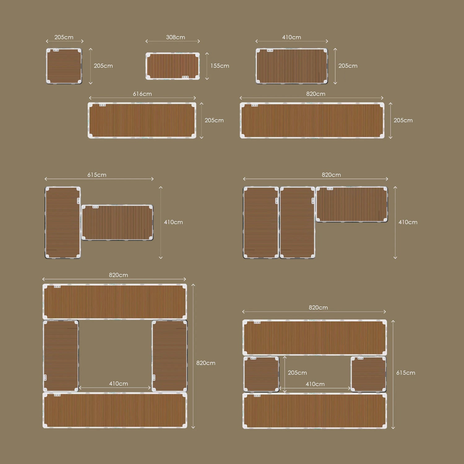 Diagram of various yacht platforms with dimensions on a brown background