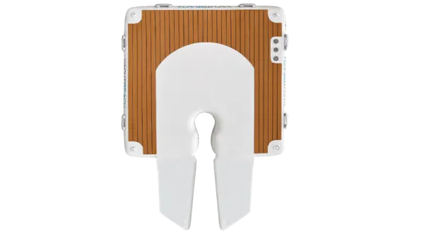 Top-down view of a YACHTBEACH inflatable foil dock with a U-shaped cut-out, featuring a brown teak-look EVA foam surface and white ramps for easy launching and docking of watercraft.