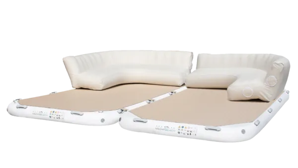Inflatable sofa with beige cushions on a white background