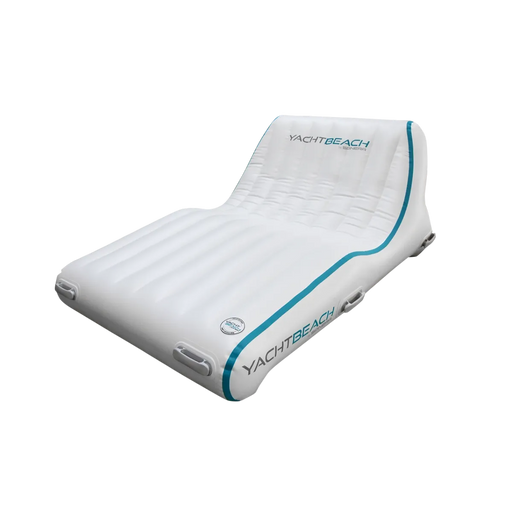 Inflatable beach chair or sunbed with 'Yacht Beach' branding on a white background