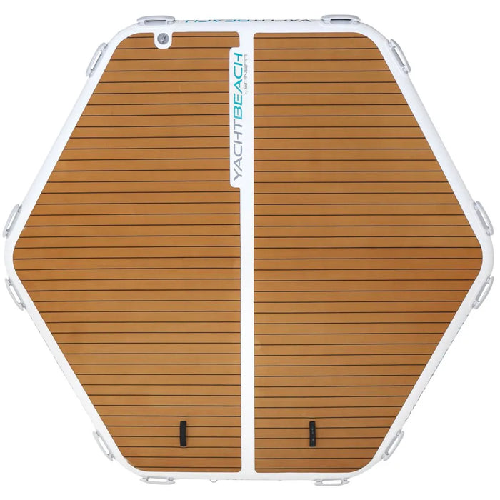 Hexagonal blow up dock with 'Yacht Beach' branding on a white background