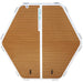 Hexagonal blow up dock with 'Yacht Beach' branding on a white background