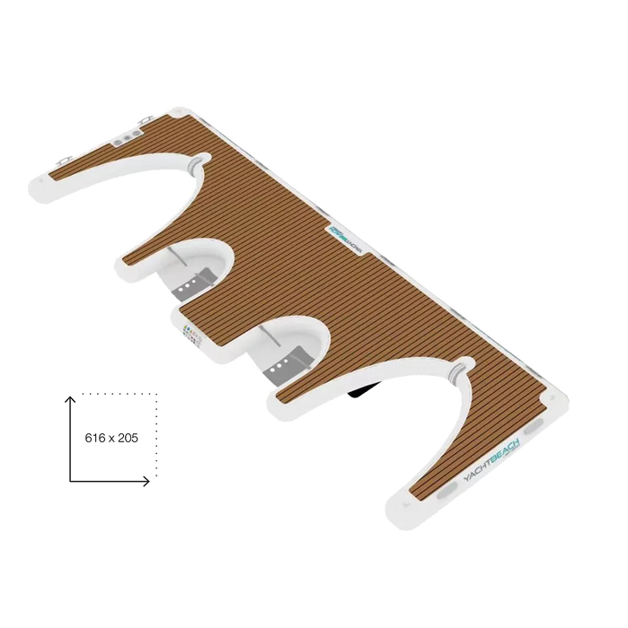 inflatable jet ski dock Wooden deck board with white frame and measurements on a white background
