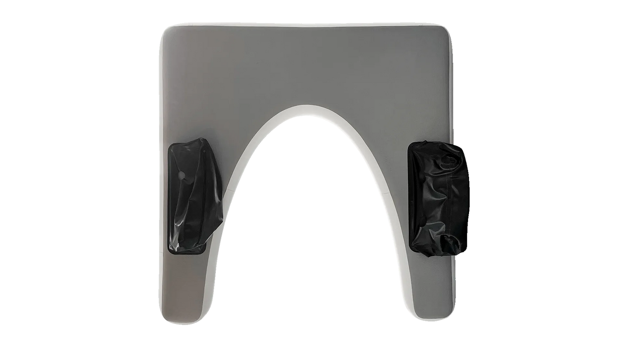 Gray arch-shaped object with black attachments on a white background
