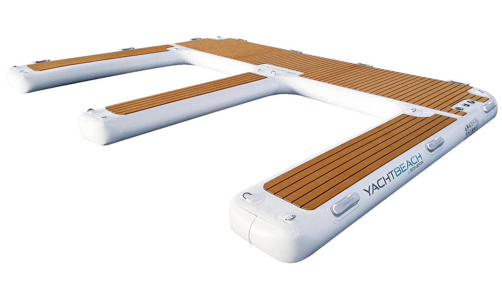 Inflatable jet ski dock with wooden deck and 'Yacht Beach' branding on a white background