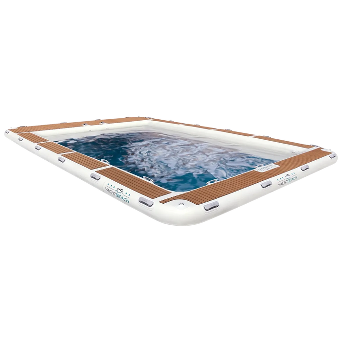 Inflatable luxury pool with wooden deck on a white background
