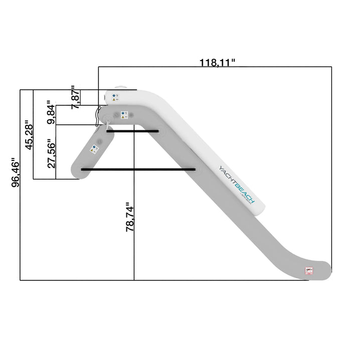 Measurement chart of a inflatable water slide with dimensions labelled