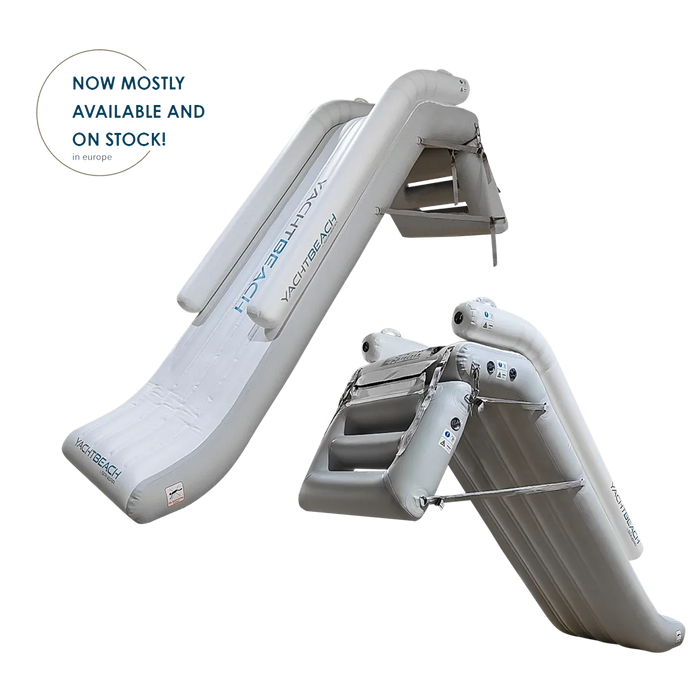 Inflatable pool slide and lounge chair set with 'Yachtique' branding on a white background.