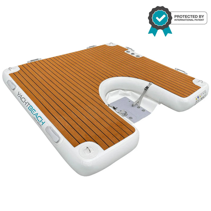 Inflatable boat dock with wooden deck and white frame on a white background