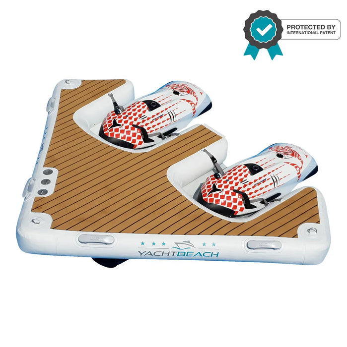 Inflatable dock with two seats and wooden texture, branded 'YACHTBEACH', on a white background.