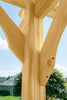 Wooden pergola post with angled beams and curved braces, highlighting the craftsmanship and joinery.