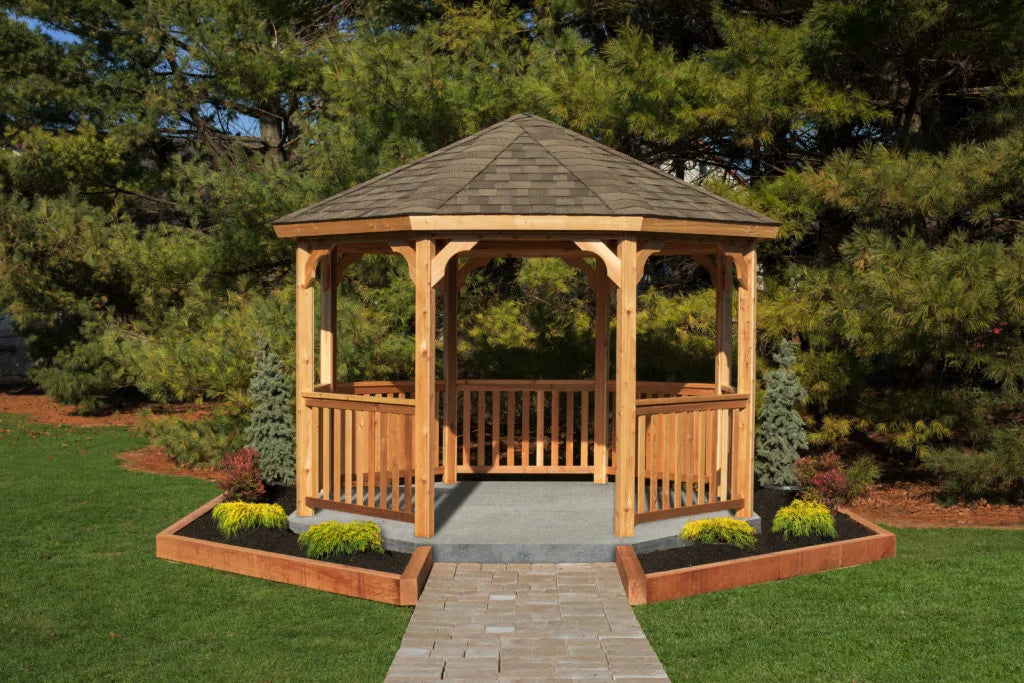 A close-up of a wooden octagonal gazebo floor made of composite decking.