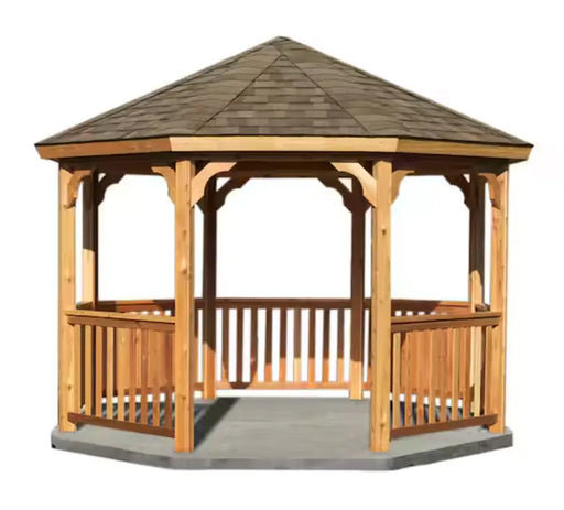 A wooden octagonal gazebo with a gently sloping roof. The gazebo has open sides and decorative roofline details.