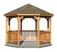 A wooden octagonal gazebo with a gently sloping roof. The gazebo has open sides and decorative roofline details.