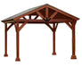  A wooden pavilion with an A-frame roof and open sides. The pavilion has a brown stained finish and features a bronze-colored steel roof.