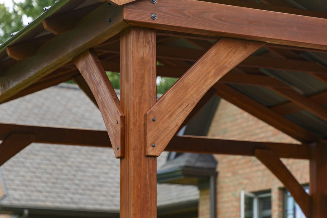  A close-up of a wooden pavilion frame with pre-cut and labeled components for easy assembly.